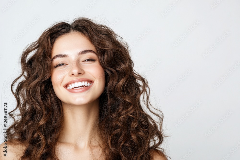 Radiant woman with a bright smile and gorgeous brown curls against a clean, neutral backdrop Radiant woman with a bright smile and gorgeous brown curls against a clean, neutral backdrop