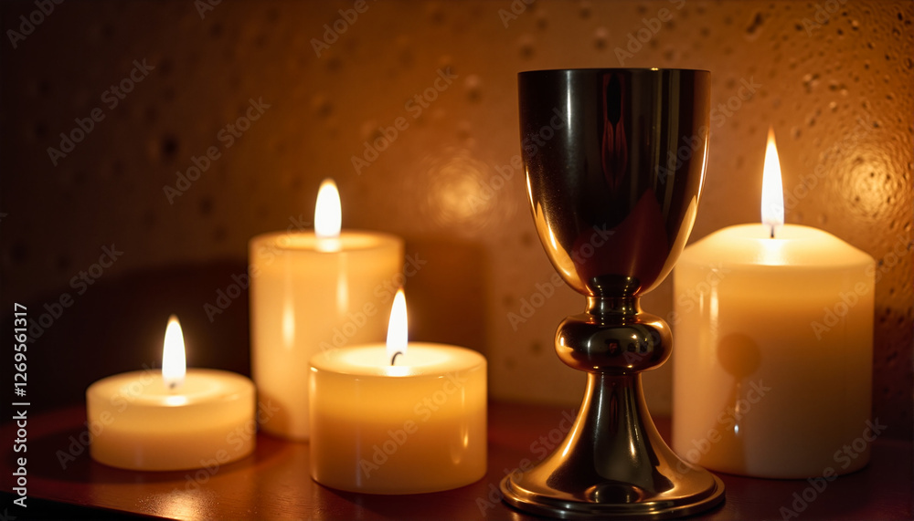 Elegant silver chalice surrounded by glowing candles in a warm, cozy ambiance with copy space