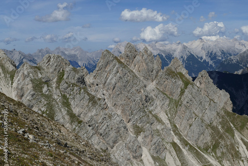 Panoramic view Freyungen mountains  from Nordlinger hut on Karwendel Hohenweg, Austria photo