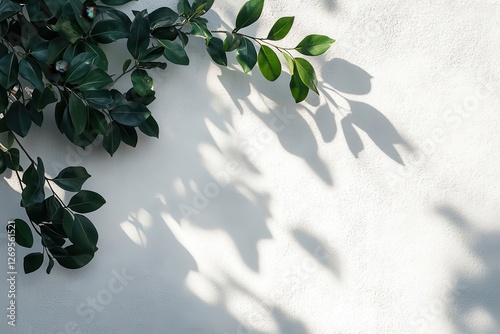 Natural leaf shadow patterns on a minimalist wall for subtle ambiance in home decor or lifestyle imagery photo