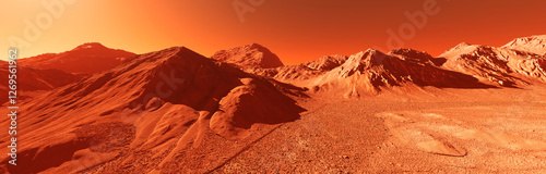 Planet mars illustration, orange red eroded mars surface, science fiction 3D illustration background.
