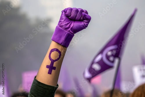 Raised Fist Showing Feminist Symbol at an Outdoor Protest with Purple Decorations