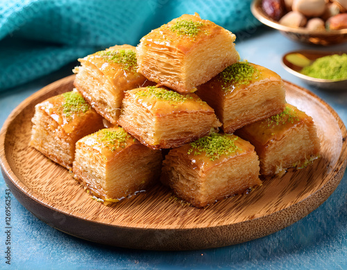 Close-up of Ramadan sweets (kunaafa, basbousa) on a wooden plate