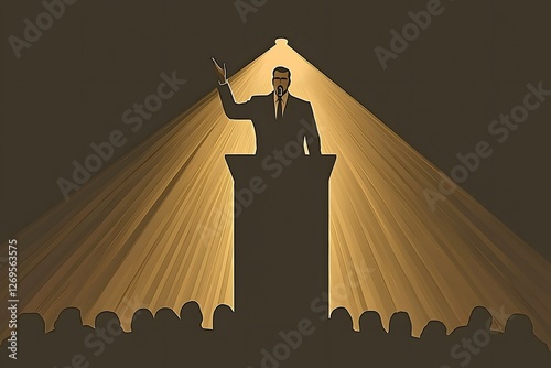 The Power of Speech: A single silhouette of a speaker stands on a podium, bathed in a powerful spotlight, addressing a sea of indistinguishable audience members.