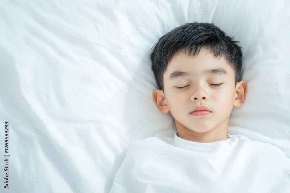 Peaceful slumber of a young boy, resting soundly on white sheets, his eyes closed in tranquility Peaceful slumber of a young boy, resting soundly on white sheets, his eyes closed in tranquility