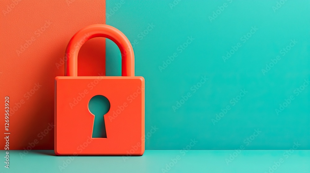 Fototapeta premium A vibrant orange padlock stands against a teal background, symbolizing security and protection in a modern, minimalist design.