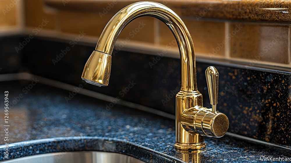 Fototapeta premium Gold kitchen faucet, granite counter, tile backsplash