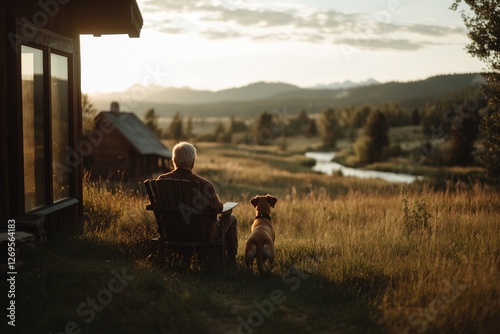 Retired old man sitting on a wooden chair next to his boxer dog, looking towards a beautiful landscape.