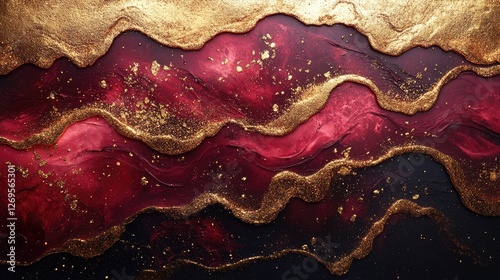Abstract artwork featuring flowing red and gold textures against a dark background.