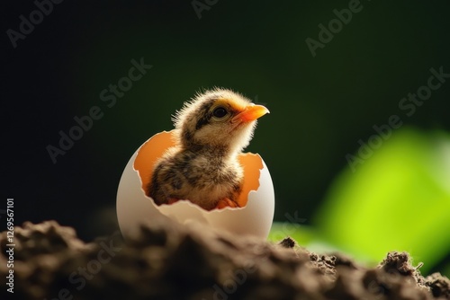 A newborn chick emerges from its egg, representing new beginnings and the cycle of life in a serene natural setting. photo