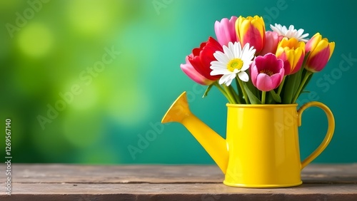 Colorful tulips bouquet in watering can on spring green background. Spring and gardening concept