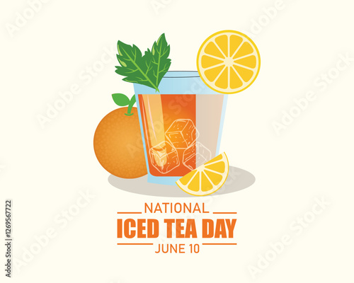 National iced tea Day vector illustration. Glass of orange tea with orange and mint leaf icon. Glass with fresh ice summer drink vector.