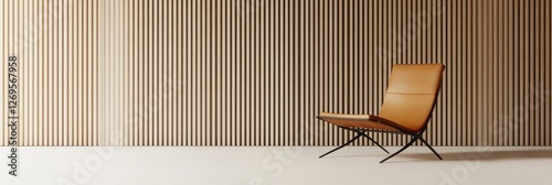 Modern Tan Leather Lounge Chair Against Wooden Wall