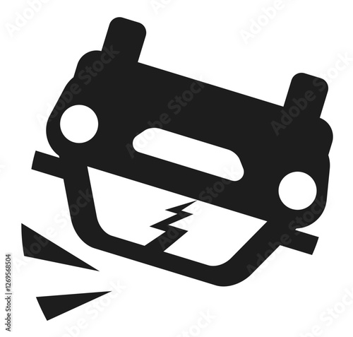 A black and white icon of a car flipped upside down with impact cracks, symbolizing vehicle accidents collisions and road safety concerns.