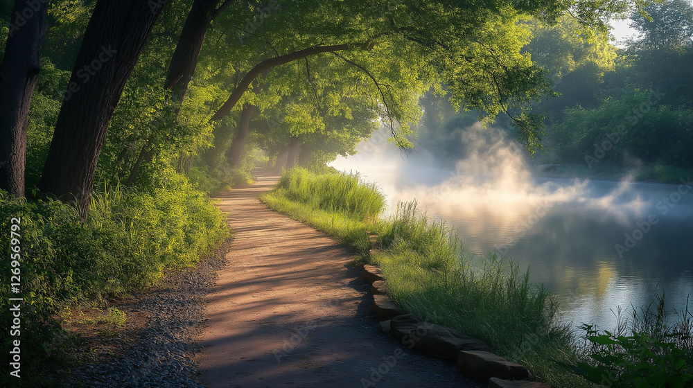 Fototapeta premium Quiet walking trail along a scenic river, surrounded by lush greenery and soft mist rising from the water, with morning sunlight casting a soft glow on the pathway Generative AI