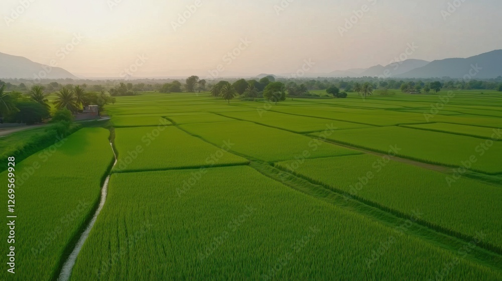 Obraz premium Lush green rice fields at sunset with distant mountains and peaceful landscape in the countryside