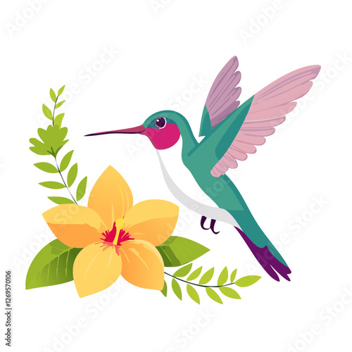 Vibrant hummingbird hovering near a blooming flower