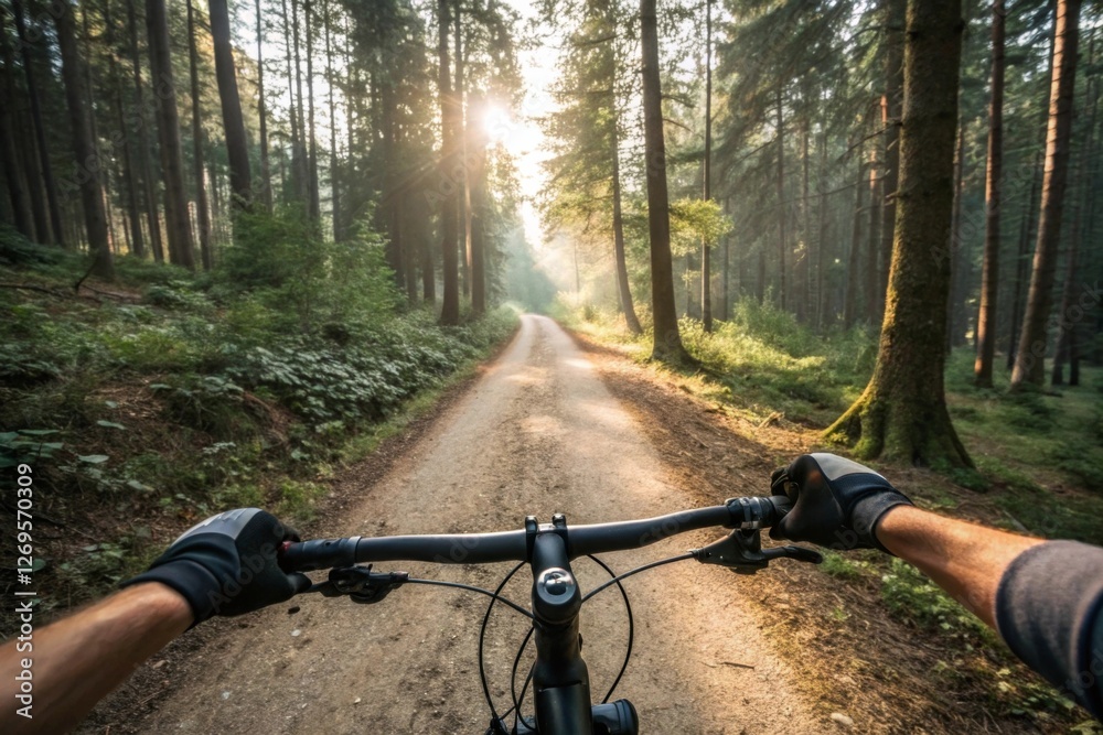 Mountain Biking in a Forest Path with Sunlight in Summer - Ideal for Outdoor Adventure Promotions Mountain Biking in a Forest Path with Sunlight in Summer - Ideal for Outdoor Adventure Promotions