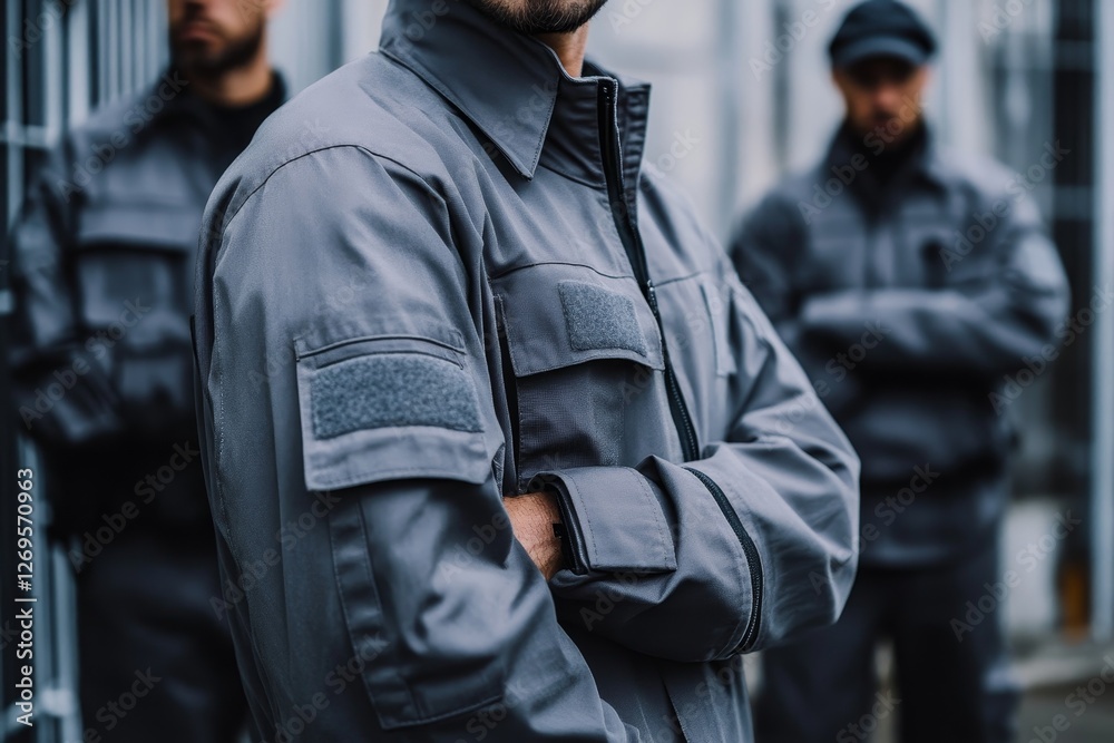 Armed security team wearing gray uniforms stand guard. Armed security team wearing gray uniforms stand guard.
