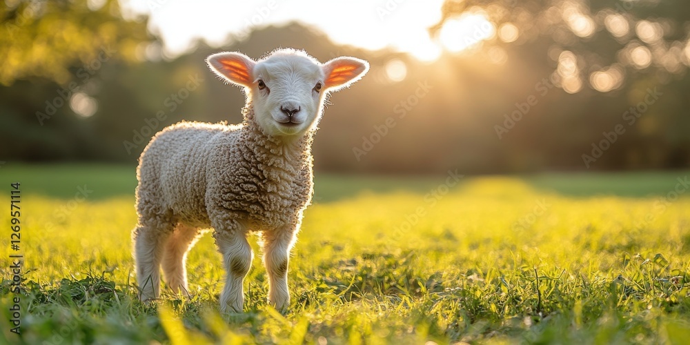 Fototapeta premium portrait of cute little lamb grazing in green spring meadow