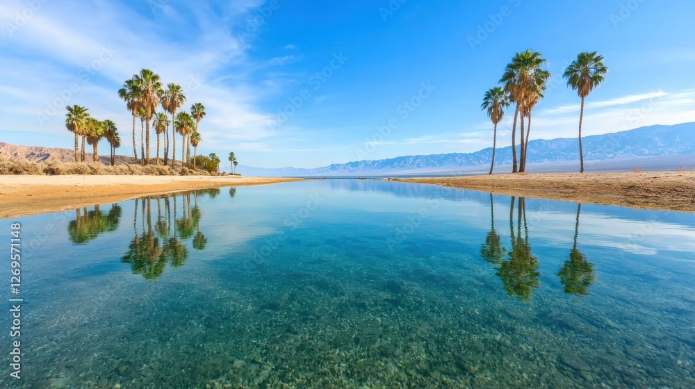 World Water Day concept. Serene Desert Oasis Surrounded by Lush Palm Trees Reflected in a Tranquil Lake World Water Day concept. Serene Desert Oasis Surrounded by Lush Palm Trees Reflected in a Tranquil Lake