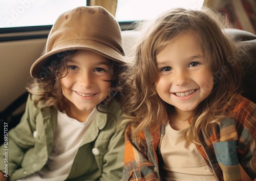 The kids are sitting in the car and smiling	
