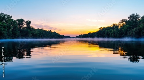 World Water Day concept. Tranquil Sunrise Reflection on Misty River in Serene Natural Landscape