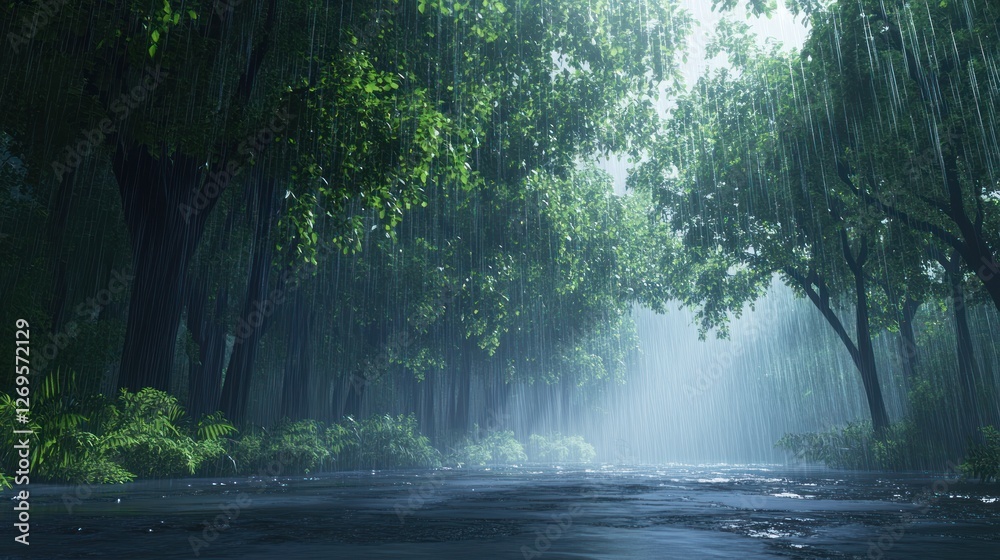 Obraz premium Rain Falling Through Lush Green Forest Canopy