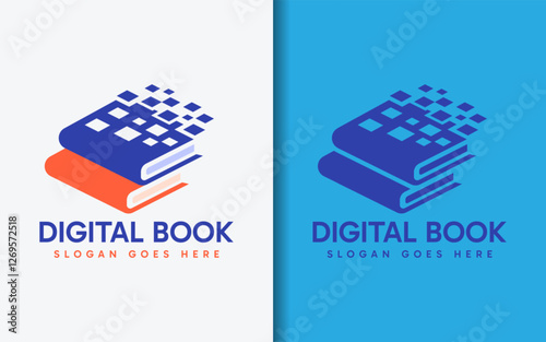 Digital Book Logo Design. Blue and Orange Book Combination with Digital Square Element. Vector Symbol Logo Icon Illustration.