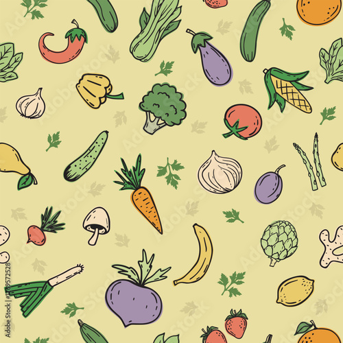 Hand drawn seamless vegetable, berries and fruits pattern