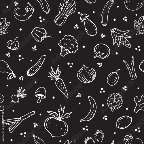 Hand drawn linear style. Seamless vegetable, berries and fruits pattern. White and black