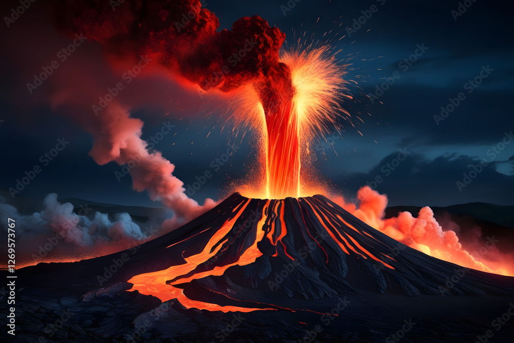 A powerful eruption of a volcano with flowing lava and spewing ash, showcasing the raw force of nature and geological activity. A powerful eruption of a volcano with flowing lava and spewing ash, showcasing the raw force of nature and geological activity.