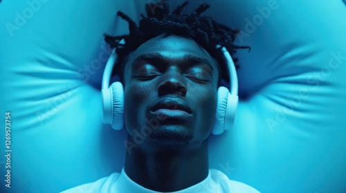 Person Relaxing While Wearing Noise Cancelling Headphones in Blue Light