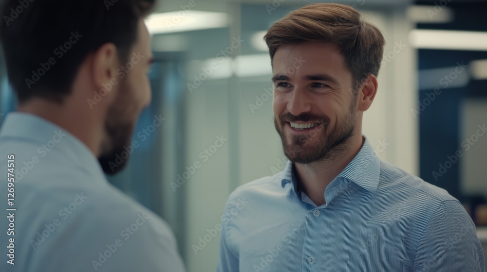 Confident man smiling while looking in a mirror at a modern office setting in the afternoon Confident man smiling while looking in a mirror at a modern office setting in the afternoon