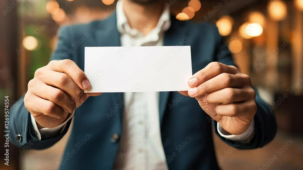 Man in a suit holds a white card in the hand, concept of business plan Man in a suit holds a white card in the hand, concept of business plan