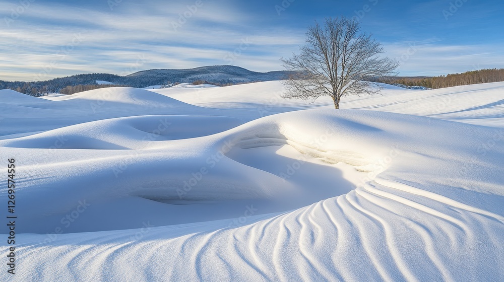 Snow Covered Landscape with a Single Tree in Winter Serenity Snow Covered Landscape with a Single Tree in Winter Serenity