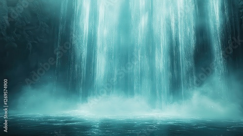 Glowing aqua beams descend like light reflecting on a waterfall creating an abstract geometric atmosphere