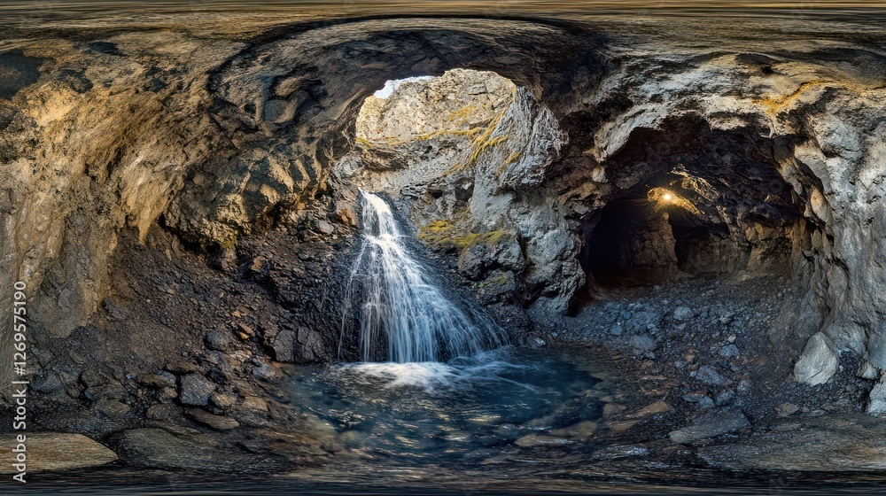 Naklejka premium Waterfall cascading through cave, mountain landscape, 360 view, nature background, travel photography