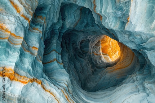 A mesmerizing view into a swirling rock cave, teal and gold hues blend in its depths, creating a natural masterpiece.