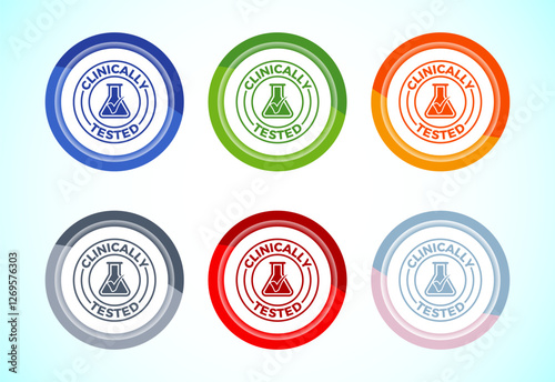 Clinically tested icon design illustration, Clinically proven label sign, 6 color button design set