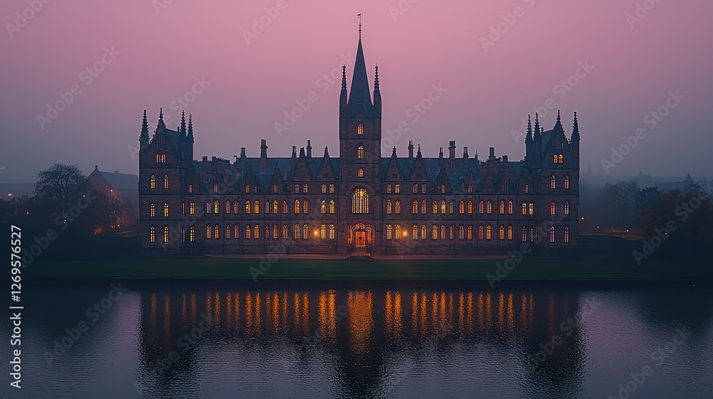 Naklejka premium Gothic castle twilight reflection lake; historic building, education, tourism