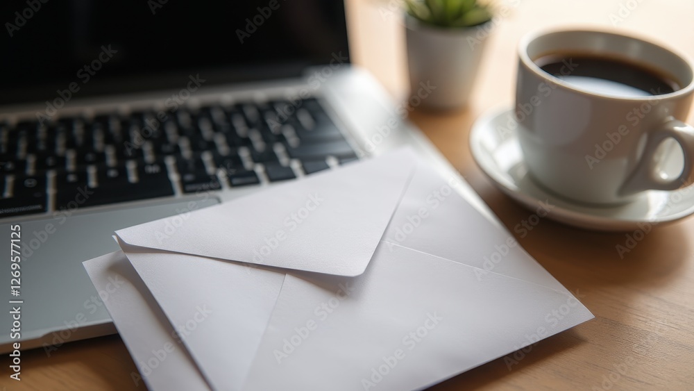 Fototapeta premium Acceptance envelope, Modern workspace acceptance envelope on laptop coffee cup photorealism.