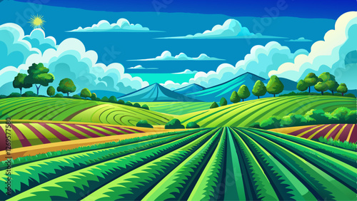 A vibrant green field with rows of crops under a bright blue sky and fluffy clouds.