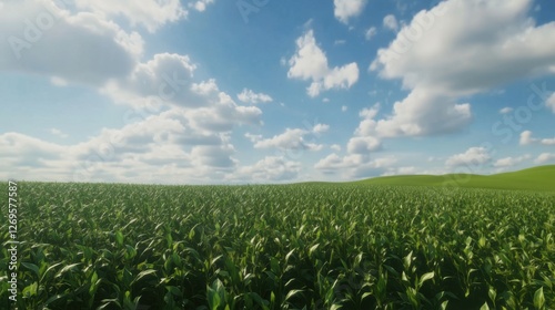 Vast green field under a bright blue sky with fluffy clouds during a sunny day in the countryside