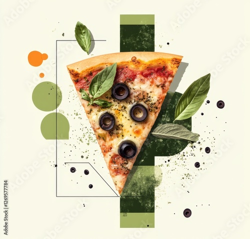 Abstract pizza slice, with olives, basil, and geometric shapes, food photography