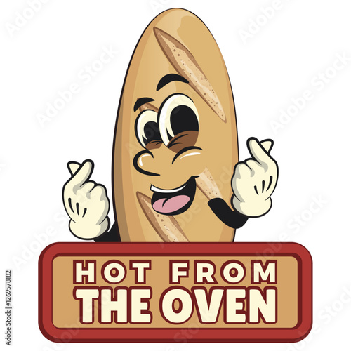 baguette bread cartoon isolated vektor illustration mascot character showing a sign that says hot from the oven while both hands give a sign of love, work of hand drawn