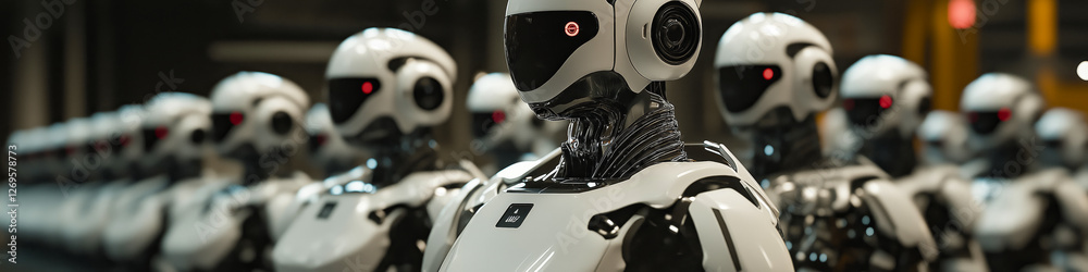 Row of humanoid robots standing in a line in a futuristic factory, artificial intelligence concept Row of humanoid robots standing in a line in a futuristic factory, artificial intelligence concept
