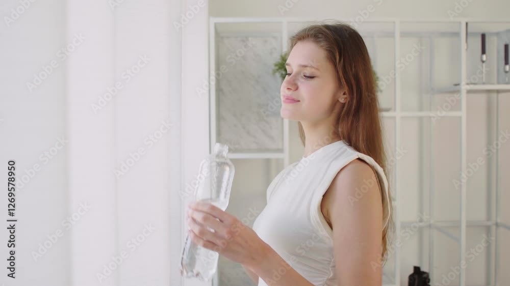 Fitness young woman drinking water in plastic bottle standing by window at home, Health, people, food, sports, lifestyle, and beauty concept 4K UHD B-Roll footage Fitness young woman drinking water in plastic bottle standing by window at home, Health, people, food, sports, lifestyle, and beauty concept 4K UHD B-Roll footage