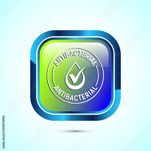 Antibacterial icon design illustration, Hygiene label symbol for product packaging, Glossy square button design