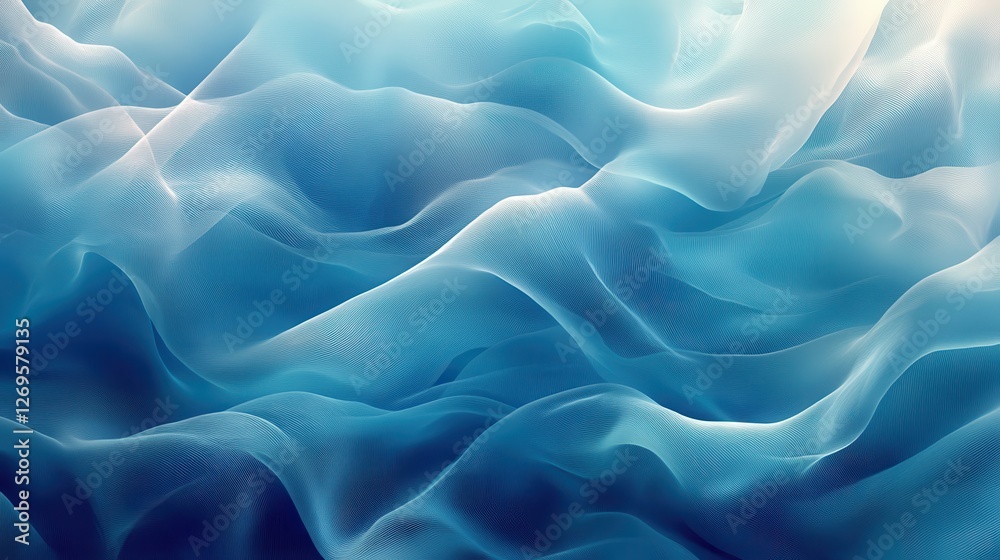 Overlapping translucent ribbons create a serene abstract atmosphere in blue, teal, and white tones, inviting a sense of tranquility Overlapping translucent ribbons create a serene abstract atmosphere in blue, teal, and white tones, inviting a sense of tranquility